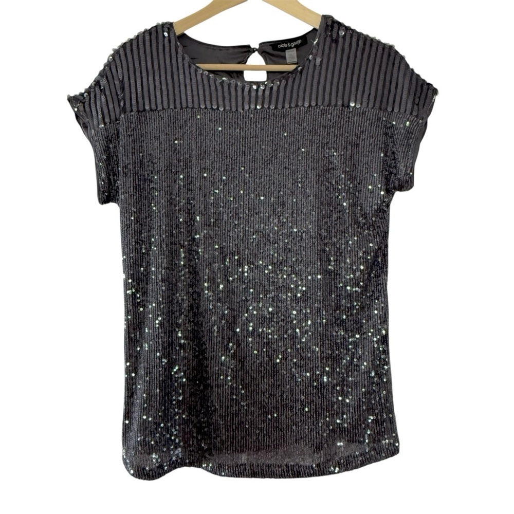 NWT Cable and Gauge Smoky Gray Sparkly Short Sleeve Embellished Top Size Small